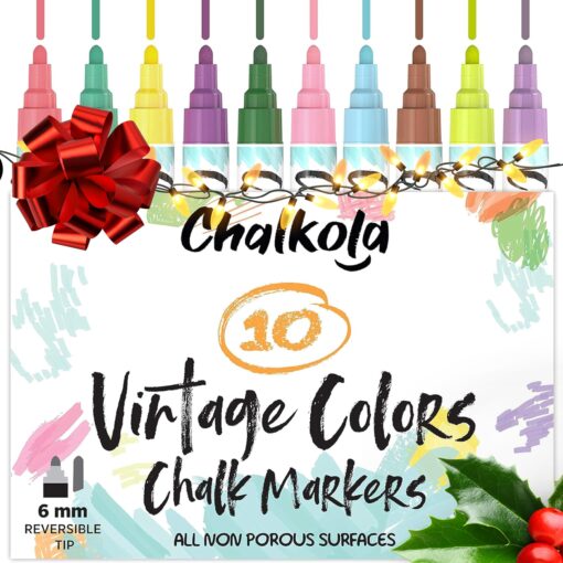 Chalkola Liquid Chalk Markers for Chalkboard, Blackboard, Window, Bistro, Car Glass, Board, Mirror (10 Vintage Colors) - Wet Wipe Erasable Chalk Pens Paint Ink - 6mm Reversible Tip Chalkboard Markers Bold Tip - 6mm