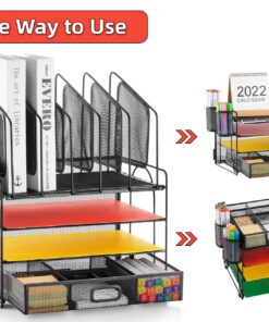 Marbrasse Desk Organiser Drawer, 4-Tier Mesh Desk File Organiser,5 Vertical File Holders and 2 Pen Holders, Multifunction Desktop Organizer,Desk Organizers and Accessories for Home Office Mesh Vertical File Folder - 01 23 81eU4XlixAL