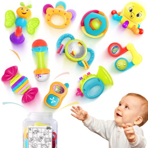 iPlay, iLearn 10pcs Baby Rattles Toys Set, Infant Grab N Shake Rattle, Sensory Teether, Development Learning Music Toy, Newborn First Birthday Gifts for 0 1 2 3 4 5 6 7 8 9 10 12 Month Babies Boy Girl 10 Pieces Set