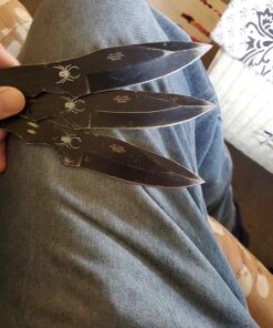 BladesUSA Perfect Point Throwing Knives – Set of 3 – Black Stainless Steel Blades and Handles w/ Spider Design, Nylon Sheath, Full Tang Construction, Well Balanced, Throwing Sport Knives – RC-1793B 34 81eoxXtgdsL