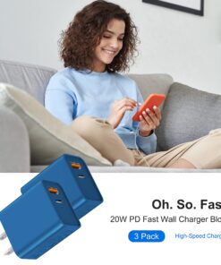 USB C Wall Charger, 3Pcs 20W PD + QC3.0 USBC Charger Block Super Fast Power Output Rapid Charging Box Wall Plug Cube for iPhone 14/15, Samsung Galaxy S21, Motorola, LG, Google Pixel 6Pro(Sea Blue) Sea Blue 10 81f5egfOWQL