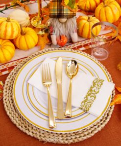 Alternative view of WDF 25Guest Gold Plastic Plates with Gold Silverware - Pastic Plates Dinnerware - Include 25 Dinner Plates 25 Salad Plates 50 Forks 25 Knives 25 Spoons 25 Cups 25 Mini Forks for Christmas
