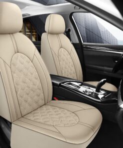 CAROMOP Luxury Leather Car Seat Covers Full Set-Waterproof Seat Protectors with Split Bench Seat Covers for Cars-Universal Cars Interior Covers for Sedans, SUVs, Pick-up Trucks(Beige/Beige Line) Beige 7 81fIu7vRjlL