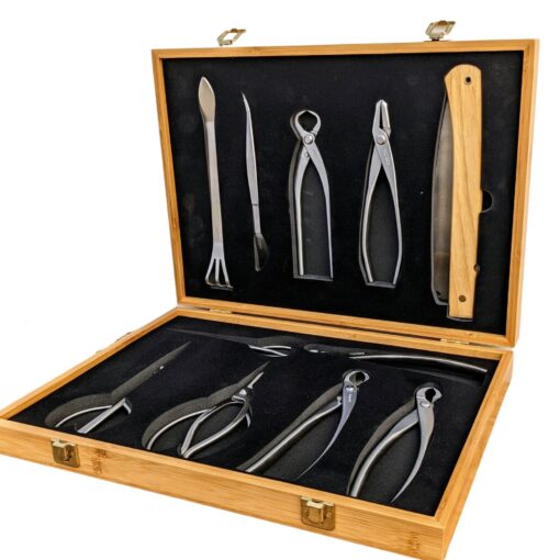 Bonsai Tool Set by Tinyroots - 11 Piece Set Includes: Traditional Butterfly Shaped Bonsai Shears, Concave Cutter, Wire Cutter, Genuine Hemp Broom, Scissors & Bamboo Storage Case + Bonsai Tools TRK-07B