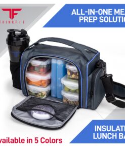 ThinkFit Insulated Meal Prep Lunch Box with 6 Food Portion Control Containers - BPA-Free, Reusable, Microwavable, Freezer Safe - With Shaker Cup, Pill Organizer, Shoulder Strap & Storage Pocket (Blue) Blue 39 81fPoBVKPsL