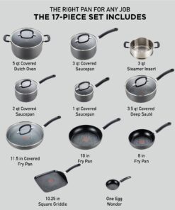 T-fal Ultimate Hard Anodized Nonstick Cookware Set 17 Piece Oven Safe 400F, Lid Safe 350F Pots and Pans, Dishwasher Safe Black 17-Piece 26 81fcewHEaL