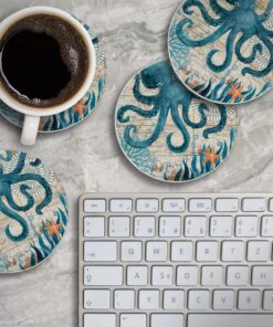 Thirstystone Monterey Bay 4 Pack Round Absorbent Stone Coasters with Protective Cork Backing Manufactured in the USA Artistic Absorbent Easily Wipes Clean 24 81fd0L9nZbL