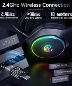 Tatybo Wireless Gaming Headset for PS4, PS5, PC - 2.4GHz Gaming Headphones with Detachable Noise Canceling Microphone, 30-Hr Battery Gaming Headsets for Laptop, Switch, Mac (Black) Black 26 81fgWHz9CFL