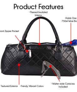Primeware Wine Clutch Bag (Thermal Insulated) Trendy Women’s Carry Tote | Holds Red & White 750mL Bottles | Trendy Fashion | Incl. Portable Waiter-Style Corkscrew Black Quilted 8 81fsXeScoOL