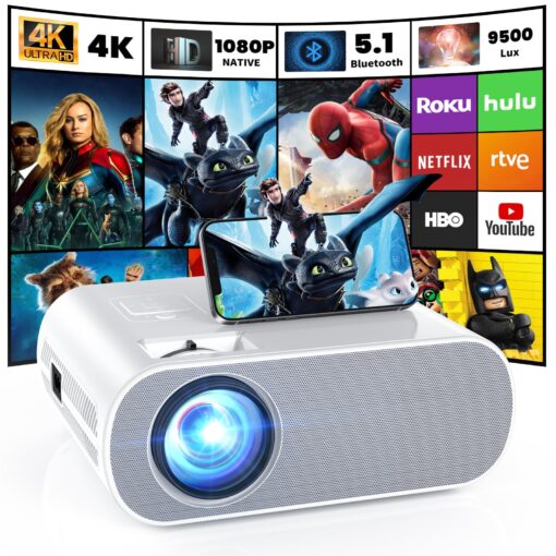 HOMPOW Projector, Native 1080P Full HD Bluetooth Projector with Speaker, 9500 Lumens Outdoor Portable Movie Mini Projector Compatible with Laptop, Smartphone, TV Stick, Xbox, PS5 white