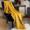LOMAO Flannel Blanket with Pompom Fringe Lightweight Cozy Bed Blanket Soft Throw Blanket fit Couch Sofa Suitable for All Season (51x63) (Mustard Yellow) Mustard Yellow 51''x 63''