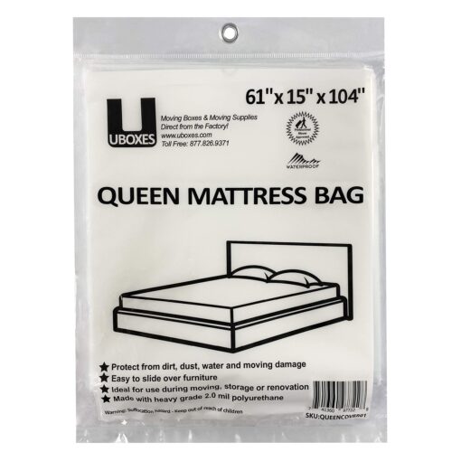 uBoxes Queen Mattress Clear Plastic Poly Covers, 61 x 15 x 104 inch, Heavy Duty 2 mil, 1 Pack Mattress Bag / Cover