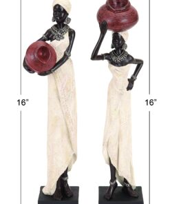 Deco 79 Polystone Woman Standing African Sculpture with Red Water Pots and Black Base, Set of 2 16"H, 4"W, Cream 25 81gHTQC SqL