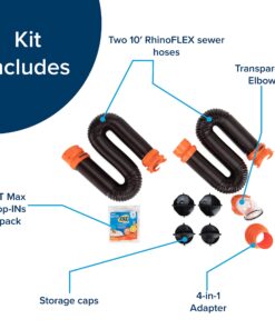 Camco RhinoFLEX 20’ Camper/RV Sewer Hose Kit | Clear Elbow w/ Removable 4-in-1 Adapter & Pre-Attached Swivel Bayonet and Lug Fittings | Sections Compress for RV Storage and Organization (39742) ,Brown 20ft Sewer Hose Kit Frustration-Free Packaging 35 81gIMeHIqfL