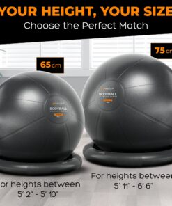 MANTRA SPORTS Heavy-Duty Exercise Ball Chair for Office Desk, Yoga Ball Chair Stability Ball with Base for Home Gym, Active Sitting Workout Ball Seat for Balance, Fitness, Birthing, Pregnancy & Labor Black (Ball & Base) 65cm (Height 5'4" - 5'10") 15 81gJiaCslrL
