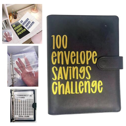 100 Envelope Savings Challenge Binder, Fun Way to Save $5,050, Savings Challenges Book with Envelopes, Savings Challenges Budget Book Binder, 100 Envelopes Money Saving Challenge Book (Black) Black