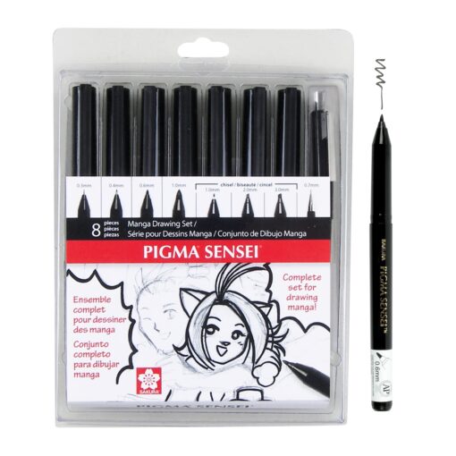 Sakura Pigma Sensei Manga Drawing Kit - Archival Black Ink Pens - Pens for Drawing Manga, Cartoon, & More - Assorted Nib Sizes - 8 Pack 8-PC Drawing Set