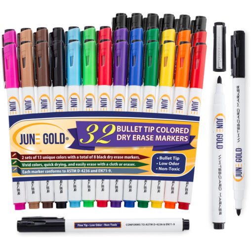 June Gold 32 Assorted Colored Dry Erase Whiteboard Markers, Fine/Bullet Tip, 2 sets of 13 Unique Colors With 8 Black Markers, Low Odor, Slim Barrel & Vivid Lines 32 Colored Bullet Tip Markers