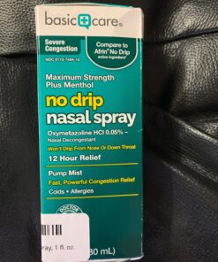 Amazon Basic Care No Drip Severe Congestion Nasal Pump Mist Spray, 12 Hour Relief, Oxymetazoline HCl, Maximum Strength Plus Menthol, Steroid Free, 1 Fluid Ounce No Drip Menthol 33 81gsturJm5L