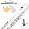 Mendini By Cecilio Flutes - Closed Hole C Flute For Beginners, 16-Key Flute with a Case, Stand, Lesson Book, and Cleaning Kit, Musical Instrument for Kids, Nickel Plated