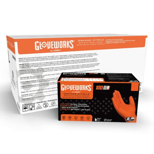 GLOVEWORKS HD Orange Nitrile Disposable Gloves, 8 Mil, Latex and Powder Free, Industrial, Food Safe, Raised Diamond Texture, X-Large, Case of 1000 X-Large (Pack of 1000)