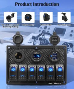 6 Gang Waterproof Rocker Switch Panel Blue LED Digital Display Voltmeter Dual 5V USB Charger Socket DC 12V Slot, 5 Pin Lighting Toggle Switches with 15A Fuse for RV Truck Car Marine Boat Vehicle 6 gang S0016B 18 81h67kZe4SL