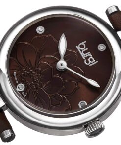 Alternative view of Burgi Diamond Accented Flower Dial Watch - 4 Diamond Hour Markers On Genuine Leather Strap - BUR128 Silver & Brown