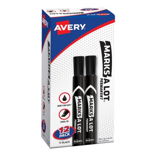 Avery Marks-A-Lot Permanent Markers, Large Desk-Style Size, Chisel Tip, Water and Wear Resistant, 12 Black Markers (98028) 12 markers Regular Chisel Tip