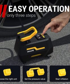 VacLife AC/DC 2-in-1 Tire Inflator - Portable Air Compressor, Pump for Car Tires (up to 50 PSI), Electric Bike 150 PSI) w/Auto Shut-Off Function, Model: ATJ-1666, Yellow (VL708) 34 81hO7Xm0iVL