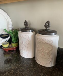 American Atelier Ceramic Canister Set 2-Piece Jars Chic Design w/Airtight Stainless Steel Lids for Cookies, Candy, Coffee, Flour, Sugar, Rice, Pasta, Cereal & More - Large, white, 2 large 10 81heI 9XaxL