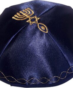 1 X Kippah with Messianic Sign Embroidered Satin-navy (Blue with Gold)