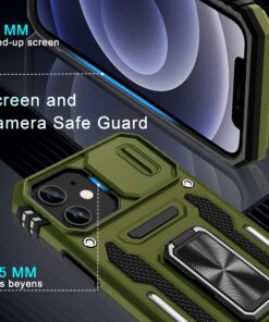 DEERLAMN for iPhone 12 Case,iPhone 12 Pro Case with Slide Camera Cover+Screen Protector(2 Packs),Rotated Ring Kickstand Military Grade Shockproof Protective Cover-Olive Green iPhone 12/12 Pro 6.1 Olive Green 15 81hwh 6DYYL