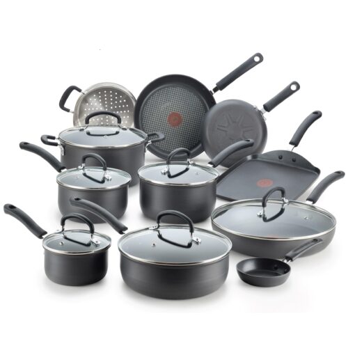 T-fal Ultimate Hard Anodized Nonstick Cookware Set 17 Piece Oven Safe 400F, Lid Safe 350F Pots and Pans, Dishwasher Safe Black 17-Piece