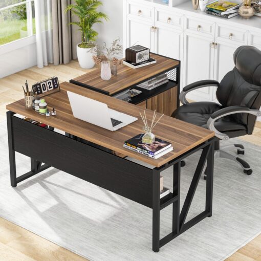 Tribesigns L Shaped Desk with Drawer Cabinet, 55" Executive Computer Desk and lateral File Cabinet, 2 Piece Home Office Furniture with Drawers for Hanging File, Doors with Locks (Brown, 55 inches) Brown