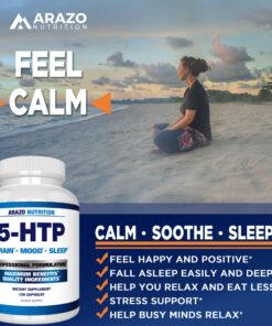 Arazo Nutrition 5-HTP 200 MG Plus Calcium for Mood, Sleep – Supports Calm and Relaxed Mood – 99% High Purity – 120 Capsules 21 81iHtM46PCL