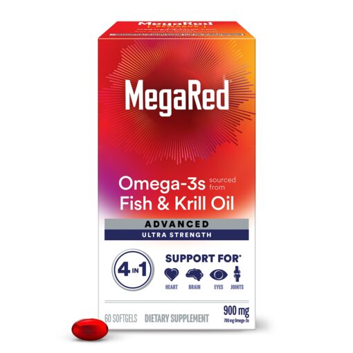 MegaRed Fish Oil + Krill Oil 900mg Omega 3 Supplement with EPA & DHA, Supports Heart, Brain, Joint and Eye Health, No Fishy Aftertaste - 60 Softgels (60 servings)