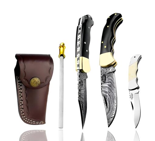 Best.Buy.Damascus1 Pocket knife Buffalo Horn Damascus knife, Pocket Knife For Men, 4pcs Knife Set, Folding Knife, With knife Sharpeners, Premium Quality gifts for men Black