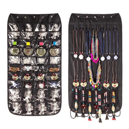 Hanging Jewelry Organizer, Dual Sided Closet Organizers, Earrings Bracelet Necklace Socks Pantyhose Storage Display Bag (Black (40 Pockets & 20 Hook-and-Loop Tabs)) Black (40 Pockets & 20 Hook-and-Loop Tabs)