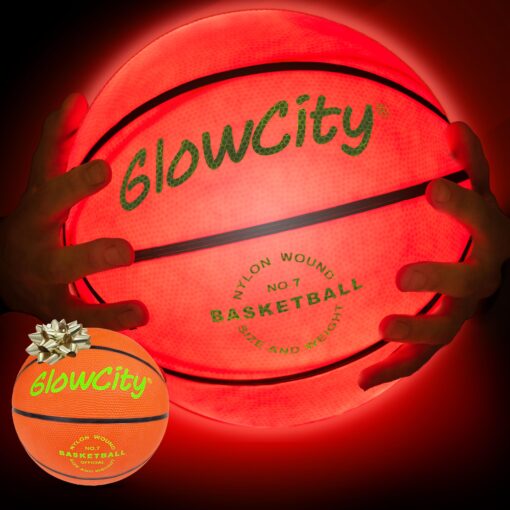 GlowCity Glow in The Dark Basketball for Teen Boy - Glowing Red Basket Ball, Light Up LED Toy for Night Ball Games - Sports Stuff & Gadgets for Kids Age 8 Years Old and Up Rubber (No Pump)