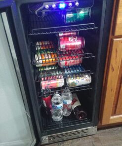 Beverage Refrigerator, Phiestina15 inch 96 Cans Built-in or Freestanding Beverage Cooler Mini Fridge with Auto Defrost,Glass Door & 6 Removable Shelves for Home Bar Office 22.4"D x 14.9"W x 33.9"H Stainless Steel 28 81ijk FEQEL