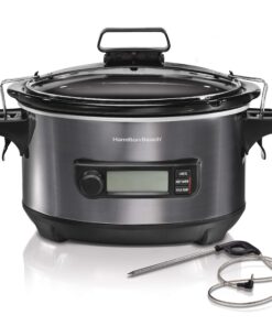 Hamilton Beach Portable 6 Quart Set & Forget Digital Programmable Slow Cooker with Lid Lock, Temperature Probe, Dishwasher Safe Crock & Lid, Black Stainless (33866) Temp Tracking Temperature Probe 23 81ilCWHkSNL 1