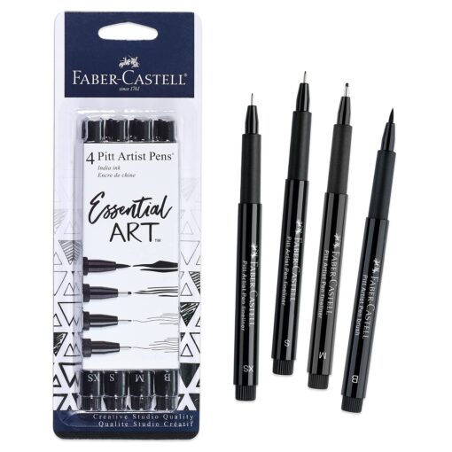 Faber-Castell Pitt Artist Pens Essential Set - 4 Black Markers, Variety of Nibs Essential Art (Black)