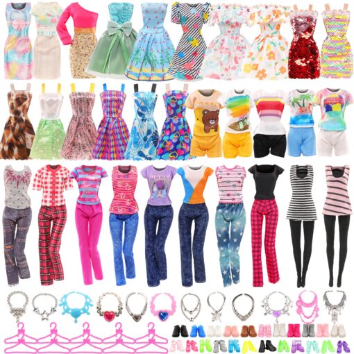 BARWA 42 Pack Doll Clothes and Accessories 5 PCS Fashion Dresses 5 Tops 5 Pants Outfits 6 PCS Mini Dresses 10 Shoes 6 Necklace 10 Hangers for 11.5 inch Doll