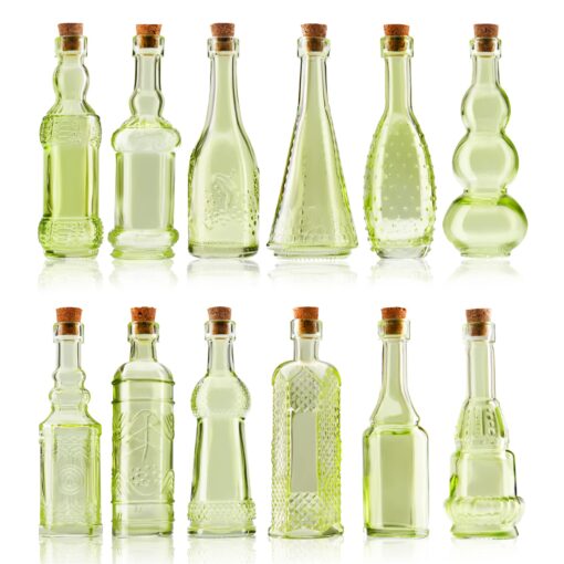 Small Mini Green Vintage Glass Bottles with Corks, Mini Vases, Decorative, Potion, Assorted Design Set of 12 pcs, 4.6 Inch Tall (11.43cm), 1.4 Inch Wide (3.56cm)