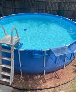 Confer Plastics 7200 Roll Guard 48" to 56" Adjustable A Frame Safety Ladder for Above Ground Outdoor Patio Swimming Pool Platform Ladder with Step Barrier, Warm Grey 53 81jY6HrEzRL