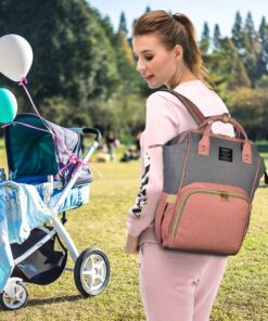 QIMIAOBABY Diaper Bag Backpack,Waterproof Multifunctional Large Travel Nappy Changing Bags… (Pink with gray) Pink With Gray 34 81jZHzaU02L