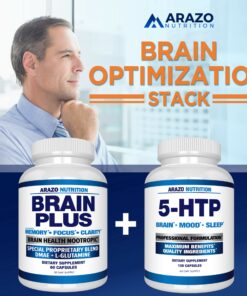 Premium Brain Function Supplement – Memory, Focus, Clarity – Nootropic Booster with DMAE, Bacopa Monnieri, L-Glutamine, Multi Vitamins, Multi Minerals - Arazo Nutrition 20 81jcS407srL