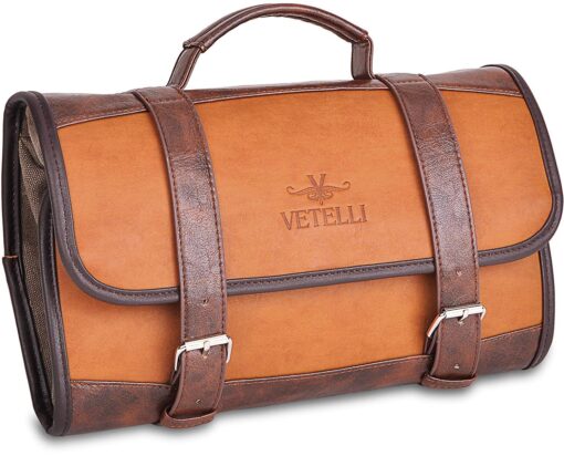 Vetelli Leather Toiletry Bag for Men - Water Resistant, 2 Zippered Internal Pockets, 2 Snap-Fastened Internal Pockets, and Hanging Hook. 1 Pack