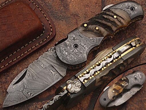 Custom made damascus blade & bolsters ram horn handle,with genuine leather sheath 5060-RD