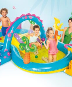 Alternative view of Intex Dinoland Inflatable Dinosaur Swimming Pool Kiddie Play Center with Water Slide, Dino Arch Water Sprayer, and Games for Ages 2 and Up, Multicolor 1